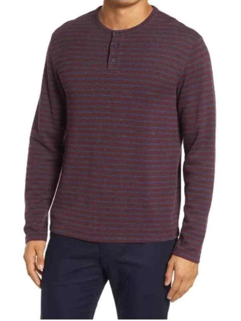 Vince Striped Long Sleeve Henley Shirt Tee Burgundy Blue Cotton Blend Knit M